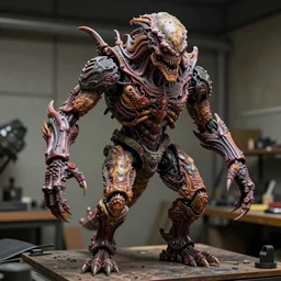 photo taken of an epic intricate, ultra detailed, super realistic gritty, hero prop, exquisitely painted animatronic movie prop of a nightmarish hellish creature displayed in the workshop, created by weta workshop, full body shot, photorealistic, sharp focus