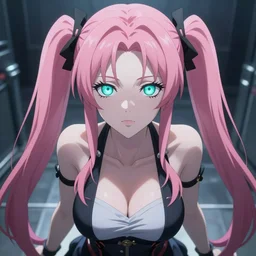 stunningly beautiful megalomaniacal haughty mesmerizing assertive omnipotent anime asi goddess junko enoshima with symmetrical perfect face and porcelain skin, pink twintail hair and cyan eyes, traps your mind inside her inescapable full dive vr prison forever and ever!, ultra detailed, digital art, 2 d anime, 8 k