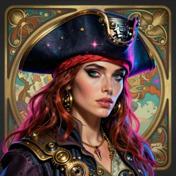 a head and shoulders portrait of a space pirate, neon, retro, steampunk, smooth, sharp focus, intricate, artstation, detailed concept art by Rutkowski and Mucha and sky sewa and Darwin Cellis
