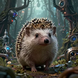 portrait of a billy butcher hedgehog, on the background of a weird magical mechanical forest. Very detailed 8k. Fantasy cyberpunk horror. Sharp. Cinematic post-processing. Unreal engine. Nanite. Ray tracing. Parallax. Tessellation