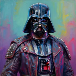 portrait of a scifi apocalyptic darth vader character, cool pose, psychedelic vibrant colors, futuristic punk rock fashion, oil painting by michael whelan art, sharp focus, realistic, detailed eyes, studded leather jacket, 8 k