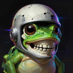 portrait of a space pirate skull pepe the frog. intricate abstract. cyberpunk, vhs glitch. full face broken helmet. intricate artwork. nightmare fuel. terrifying. empty oxygen tank. by Tooth Wu, wlop, beeple, dan mumford. octane render, trending on artstation, greg rutkowski very coherent symmetrical artwork. cinematic, hyper realism, high detail, octane render, 8k, iridescent accents, black and white
