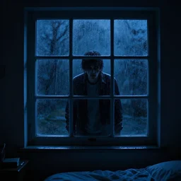 photo of dark blue rainy bedroom window at night, creepy man staring in through thr window,