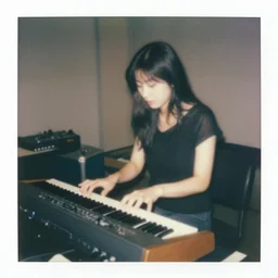 1 9 7 0 s polaroid of a female japanese musician playing a vintage synthesizer, hazy, faded
