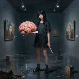 painting of a flooded dark art gallery and a tall emo girl holding a giant brain, toothbrush, art gallery interior, pigs, courgette, waterfall, pomegranates, octopus, zen, liminal space, black swans, berries, surrealist, by magritte and monet