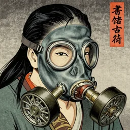 Gas mask in Ukiyo-e style, haunting + insanely detailed and intricate, movie poster style