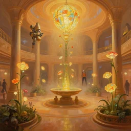 a minimalist oil painting by donato giancola, warm coloured, cinematic scifi bioluminescent luxurious futuristic foggy steam filled victorian garden circular shopping mall interior with microscopy minimalist stained glass flowers growing out of pretty bulbous ceramic fountains, gigantic pillars and flowers, maschinen krieger, beeple, star trek, star wars, ilm, star citizen