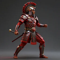 aztec warrior in a ornated armor preparing for war, full body, dynamic pose, red and obsidian neon, concept art, intricate details, highly professionally detailed, cgsociety, highly detailed -