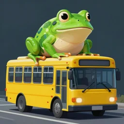 a painting of a green frog on top of a yellow bus, cyberpunk art by android jones, behance contest winner, funk art, detailed painting, high detail, dystopian art