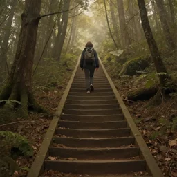 ! a person walking up a set of stairs in the woods!, the journey of life, each stage is a step in a stairway, detailed, 4 k, octane, a detailed matte painting by huang ding, cgsociety, fantasy art, mystical, mist, warm tones