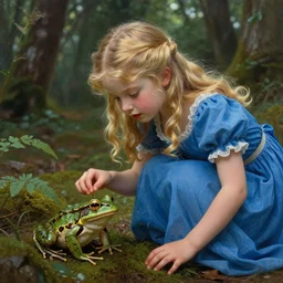 a beautiful detailed intricate photorealistic painting of a young blond girl in a blue dress woman in a forest discovering a frog on the ground. fairy tail. vibrant. beautiful. photorealistic. hd. hq. trending on arstation.