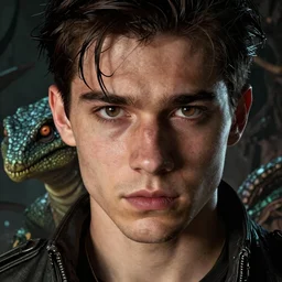 comic book of young male brown eyes light facial hair reptile background by rob liefeld hyper realistic, dark fantasy detailed, high definition insanely detailed, bitter wide angle lens dark lighting, moody lighting