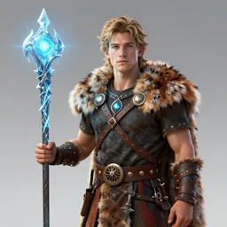 Taylor Lautner wearing a fur barbarian tunic holding a glowing frosty magical staff. Trending on Artstation, octane render, ultra detailed, art by Ross tran