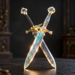 translucent colorful precious crystal sword on a dark table, ray - tracing, beautiful, black opal, sharp focus, octane render, beautiful hdr 8 k, moody dark environment realistic, specular, detailed, unreal engine 5, golden hour, magical shimmering effect, light smoke, modern background wallpaper, wlop, chebokha, rutkowski