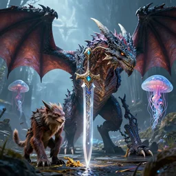 by par olofsson and tristan eaton, visually stunning, cinematic, ultra realistic, hyper realism, 1 2 k, epic, octane render, unreal engine, vfx, maya, azsharan saber : crisp and bright and magical and strange, dragon fodder : unexpected windfall, briarbridge tracker : gnoll hunter, polymorph : jellyfish
