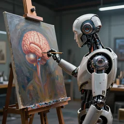 photorealistic render of a sci - fi android making an oil painting of a human brain on a canvas in a high - tech artist studio, unreal engine, volumetric lighting, cinematic