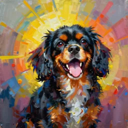 abstract painting of a happy, panting, black king charles spaniel in bright colours by jeremy mann