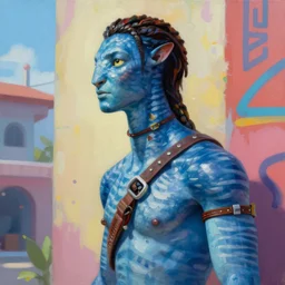 greg manchess portrait painting of blue partially armored na'vi from the movie avatar as overwatch character, medium shot, asymmetrical, profile picture, organic painting, sunny day, matte painting, bold shapes, hard edges, street art, artstation, by huang guangjian, gil elvgren, ruan jia, greg rutkowski, gaston bussiere