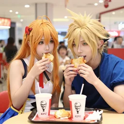 photo still of real life lucina!!! ( fire emblem ) and cloud!!! strife eating kfc in a mall, 8 k, 8 5 mm f 1. 8