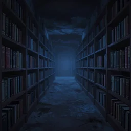 Visual novel background. Dark scary horror corridor with bookshelves everywhere by Taras Susak, artstation, dark blue color scheme