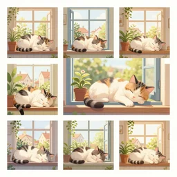 sleeping cat on window, inside house in village, plants, calm, warm, cozy, collage, sweet home, cute, detailed