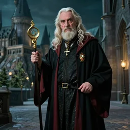 Lord Havelock Vetinari as a shady slytherin headmaster of Hogwarts, School of Witchcraft and Wizardry, detailed, hyperrealistic, colorful, cinematic lighting, digital art by Paul Kidby
