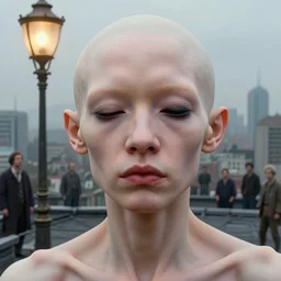 closeup portrait of eyeless albino mandarin with thin, stained lips and smoking eye sockets standing under rococo lamp on rooftop overlooking the city, science fiction concept art by j. c. leyendecker, greg rutkowski, stephen gammell, deak ferrand, anato finnstark, yoshitaka amano, and rembrandt