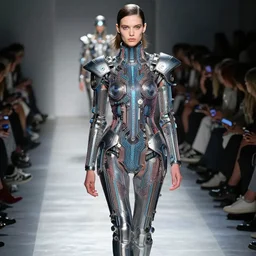 a model walks down the runway at a fashion show, cyberpunk art by alexander mcqueen, trending on tumblr, retrofuturism, circuitry, futuristic, sci - fi