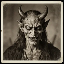 portrait of demon, old vintage photography, damaged photo, film artifacts, scratches, tears, high sharpness, hyperrealistic, ultra detailed, 4 k