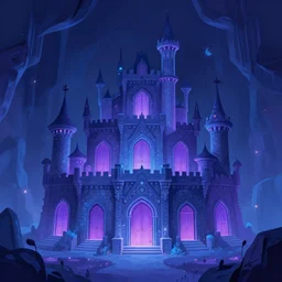 stylized digital illustration of a subterranean magic castle surrounded by a mote, digital illustration, a house of many doors art, blue and purple color scheme