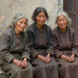 light red - vuolet split complementary colours, painted portrait of three rugged old homeless women begging in the street by ruan jia greg rutkowski, unkempt hair, clear face feminine females mature sensual beautiful homeless fantasy intricate elegant detailed digital painting, concept art artstation sharp focus illustration