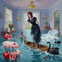 tall female emo artists in their flooded apartment, painting of flood waters inside an artist's home, a river flooding indoors, pomegranates, pigs, ikebana, water, octopus, river, rapids, waterfall, black swans, canoe, berries, acrylic on canvas, surrealist, by magritte and monet
