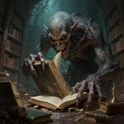 giant lovecraftian monster devouring a books inside a library, high fantasy, lovecraftian horror, digital painting, artgerm and greg rutkowski and alphonse mucha