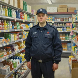“a detailed oil painting of a security guard in Pyatyorochka Russian grocery shop by Caravaggio”