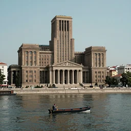 a man on a small boat on a river with fractal city by tarkovsky, neoclassical architecture, ancient high buildings, highly vertical classical temples, leica sl 2 3 5 mm, high quality, high detail