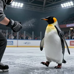 Person with gloves fighting a penguin with gloves in an Arena, very realistic, 4k, high octane render