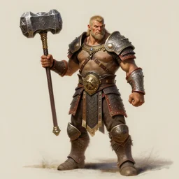 aztec warrior, hirsute epic level dnd human fighter, wielding the godshammer, a magical war hammer, wearing magical armor. thick quads. full character concept art, realistic, high detail digital gouache painting by angus mcbride and michael whelan.