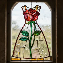 a dress made from stained glass in the design of a rose