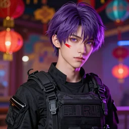 colorful and festive captivating teenager boy with straight purple hair, purple eyes with red eye markers, slim body, wearing combat clothes. rich vivid colors, ambient lighting, dynamic lighting, 4 k, atmospheric lighting, painted, intricate, highly detailed by charlie bowater