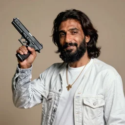 35mm professional photograph of osama bin laden wearing 90s hiphop clothes holding up a glock19 chambered in .50 cal