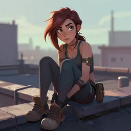 digital artwork of tracer sitting on a rooftop, in the style of artgerm, detailed face, expressive face, sitting position, feminine face,
