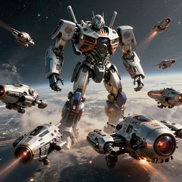 full - color cinematic movie still from a live - action dairugger action film directed by michael bay. the scene features the science - fiction vehicles from dairugger fighting in space and joining together to form a giant robot. highly - detailed ; photorealistic ; epic.