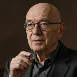 elderly bald man with glasses preaching nonsense