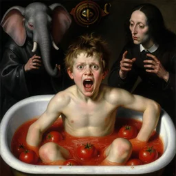 a boy like eraserhead and elephant man sitting in a tub full of tomato sauce, looking straight into camera, screaming in desperation, dark baptist ritual, by giuseppe arcimboldo and ambrosius benson, renaissance, fruit, intricate and intense oil paint, a touch of beksinski and hr giger and edward munch, realistic