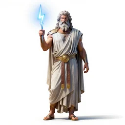wise zeus with lightning bolt, high detail digital art, full body, standing, isolated on a pure white background, centered, whole figure in frame, sharp focus, studio lighting