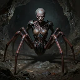 creepy matte painting of an armored humanoid female spider monster with eight spider legs in a dark cave, ultra detailed, monster, half human half spider, human torso and head, human face, human arms, spider thorax, creature design, concept art, 8 k, moody lighting, muted colors, dramatic lighting, realistically proportioned face