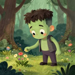 A cute little frankestein collecting flowers in the forest. Absurdly-detailed fantasy character illustration by Rebecca Guay and Wayne Reynolds