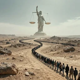 cinematic wide shot of a barren rocky wasteland, hundreds of people lining up single file for miles, at the end stands a giant statue holding a scales of justice, light fog, digital art,