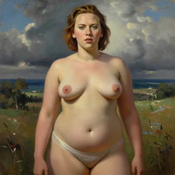 obese scarlett johansson, oil painting, by fernando botero