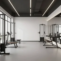 gym interior concept design minimalist architecture modern furniture, modern equipment 8 k octane render blender high quality